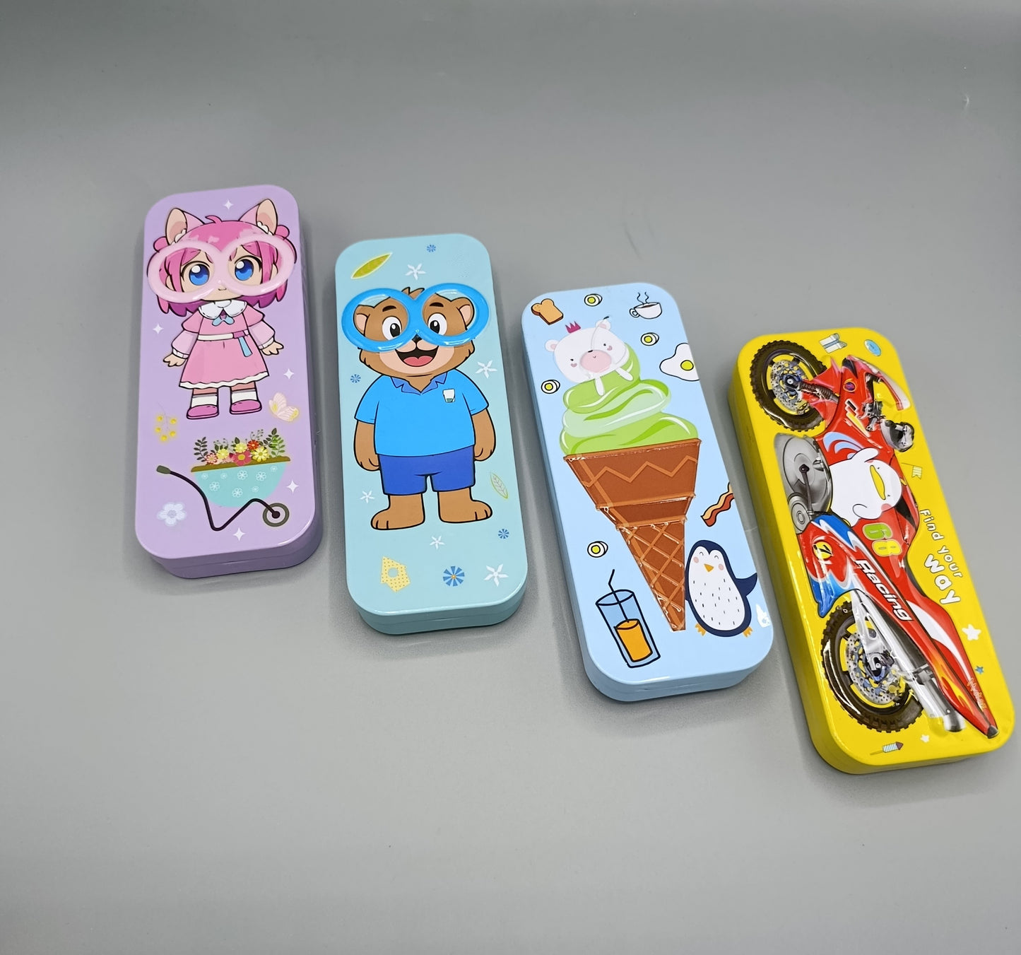 Cartoon Metal Car Style Kids Geometry Box 2 In 1