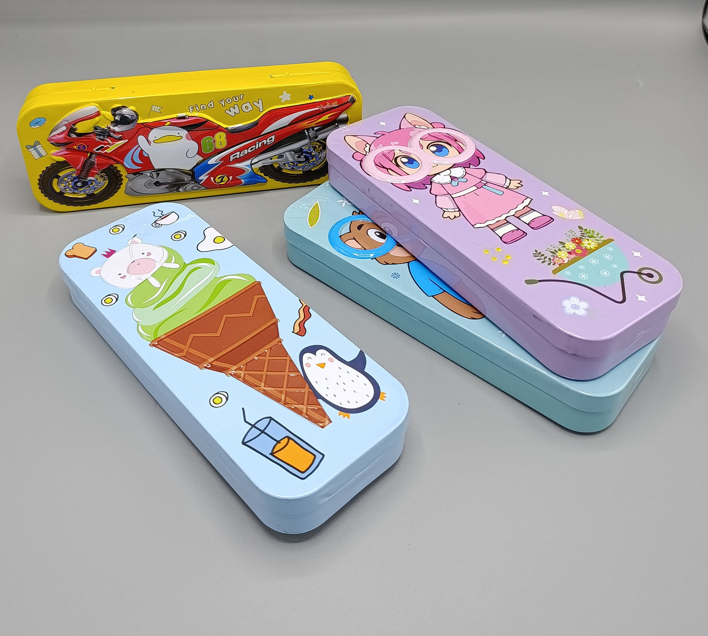 Cartoon Metal Car Style Kids Geometry Box 2 In 1
